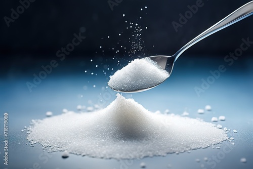 One spoonful of white sugar in the photo on a dark blue Background. generative AI photo