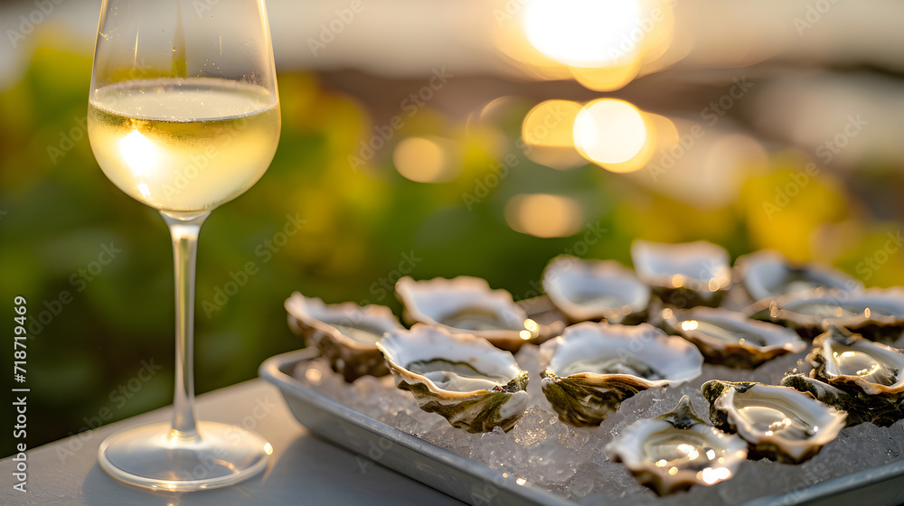 White wine in a glass and oysters in a restaurant on a yacht at sunset