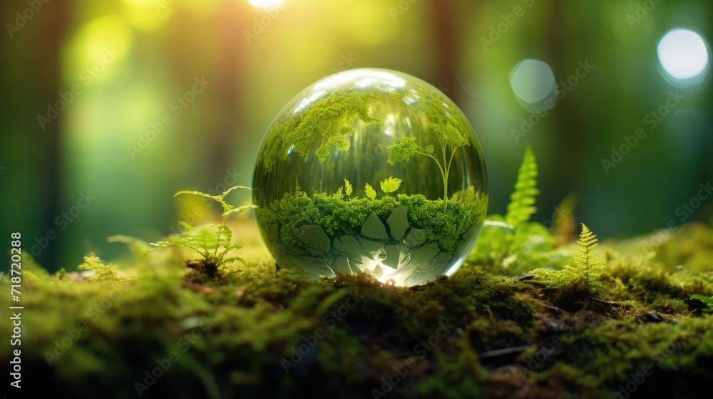 Earth Day green globe in forest. Generative AI Earth Day green globe in forest. Generative AI