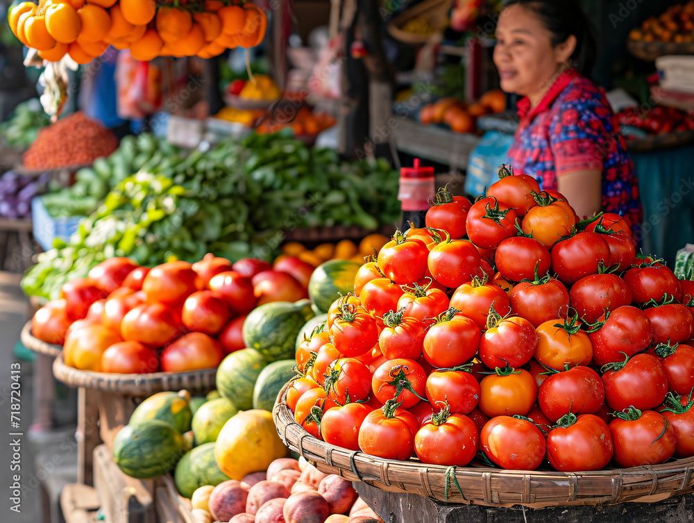 Fresh tomatoes on display at a market stall with a vendor in the background. Design for banner, poster, advertisement. Close-up shot with copy space
Fresh tomatoes on display at a market stall with a vendor in the background. Design for banner, poster, advertisement. Close-up shot with copy space