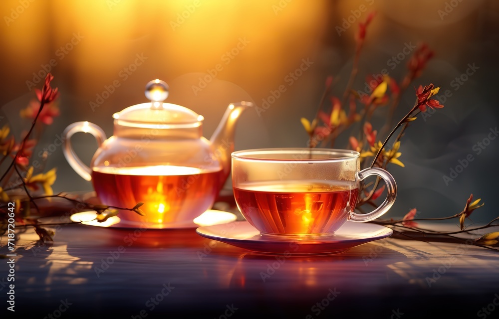 Teapot and Cup containing tea with a view of the sunset behind it. generative AI Teapot and Cup containing tea with a view of the sunset behind it. generative AI