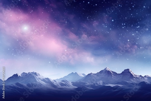 Milky Way and pink light in mountainous night landscape