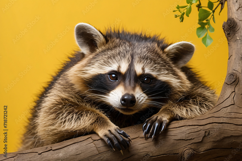 raccoon sleeping on a tree branch on a yellow background