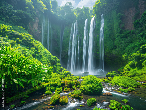 Majestic Tumpak Sewu Waterfall surrounded by lush green foliage in a tropical rainforest. Nature and travel concept. Design for poster, wallpaper, eco-tourism brochure. Landscape shot with natural sce