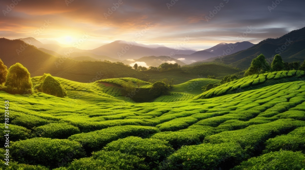 Green tea plantation at sunrise. Generative AI