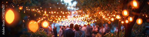 Outdoor evening reception with guests and festive lights. Social event and celebration concept. Design for banner, greeting card, event management brochure. Panoramic shot with bokeh effect 