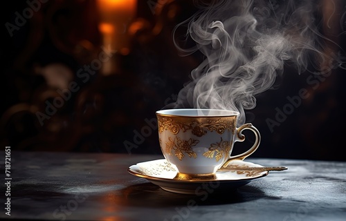 A hot cup of drink with smoke effect on it on a black background. generative AI