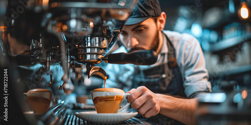 Barista carefully preparing espresso shots. Close-up of coffee extraction process in a café environment. Hospitality and coffee culture concept for poster, print, and advertisement 