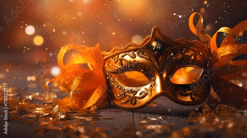 Venetian masks on glitter with tires on streamers on abstract defocused bokeh lights. Masquerade mask