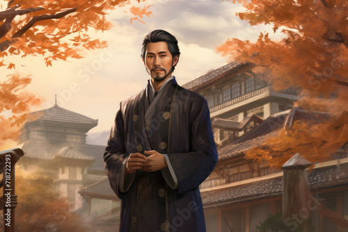 
Illustration of a Meiji era scholar, in a mix of traditional and western clothing, with a backdrop of Meiji period architecture photo
