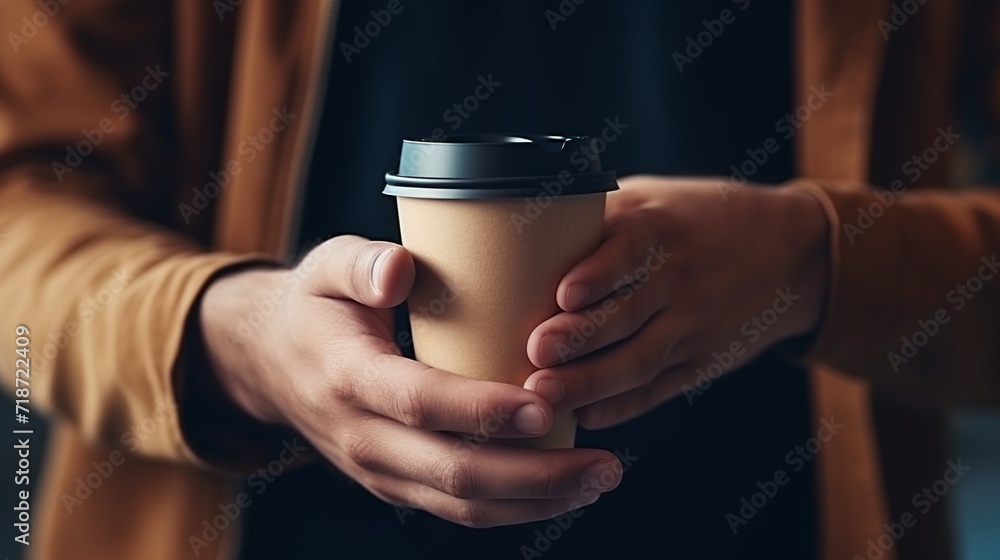 cropped view of man holding paper cup of coffee on blurred background. AI.
