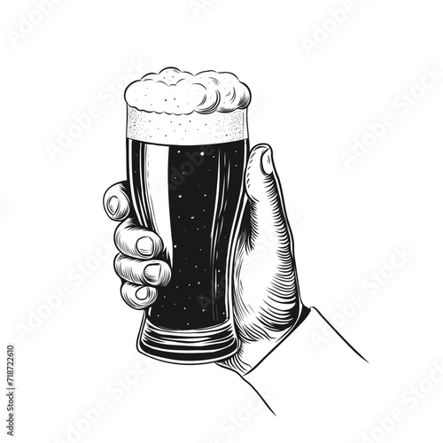 Hand holding glass with craft dark beer. Vintage vector engraving style illustration for web, flyer, poster, banner, invitation to party oktoberfest beer festival. Hand drawn ink sketch