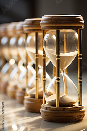 Series of hourglasses lined up, with the focus on the first one indicating the continuous flow of time. photo