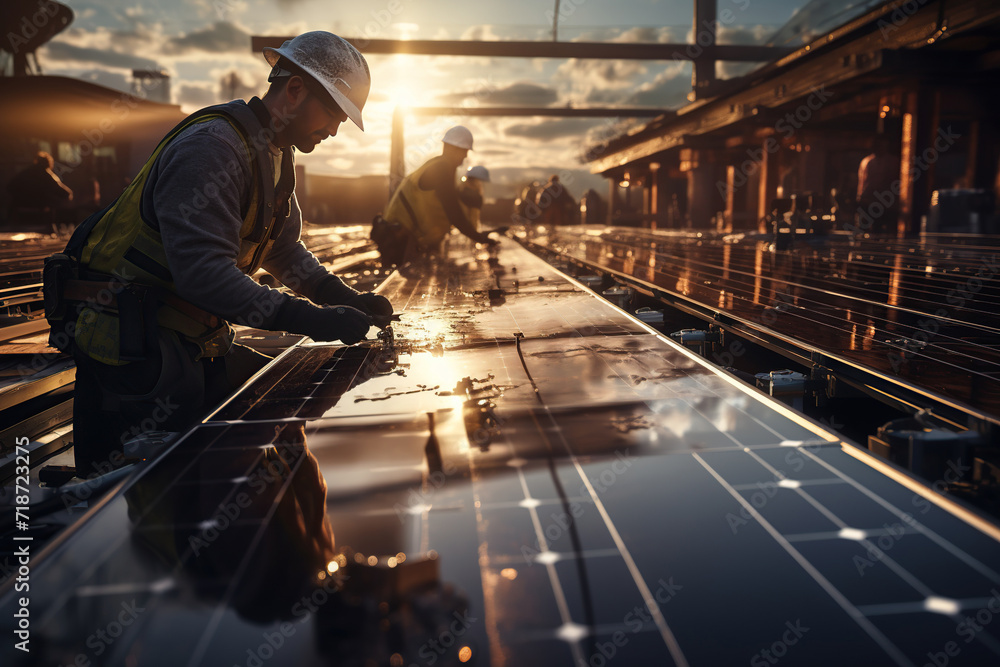 Construction workers engaged in the installation of solar panels during a vibrant sunset, demonstrating renewable energy infrastructure development. Construction workers engaged in the installation of solar panels during a vibrant sunset, demonstrating renewable energy infrastructure development.
