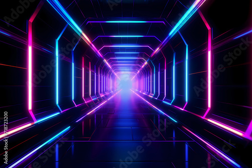 Neon lights tunnel glow background. Generative ai design art.