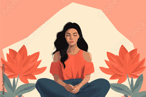 Woman sitting with a flower illustration in the background, good mental selfcare health lifestyle