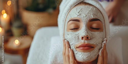 Woman with a facial clay mask in a spa setting. Close-up with ambient lighting. Wellness and beauty treatment concept. Design for beauty salon poster, health care brochure, and spa services advertisem