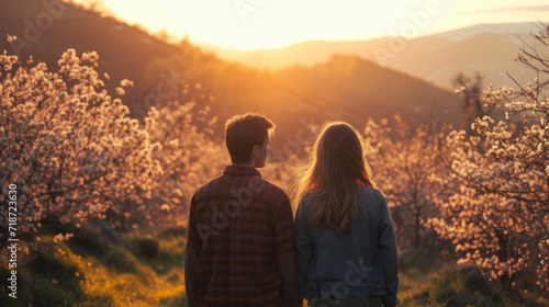 A couple standing on top of a hill overlooking valley beneath them during golden hour sunset.