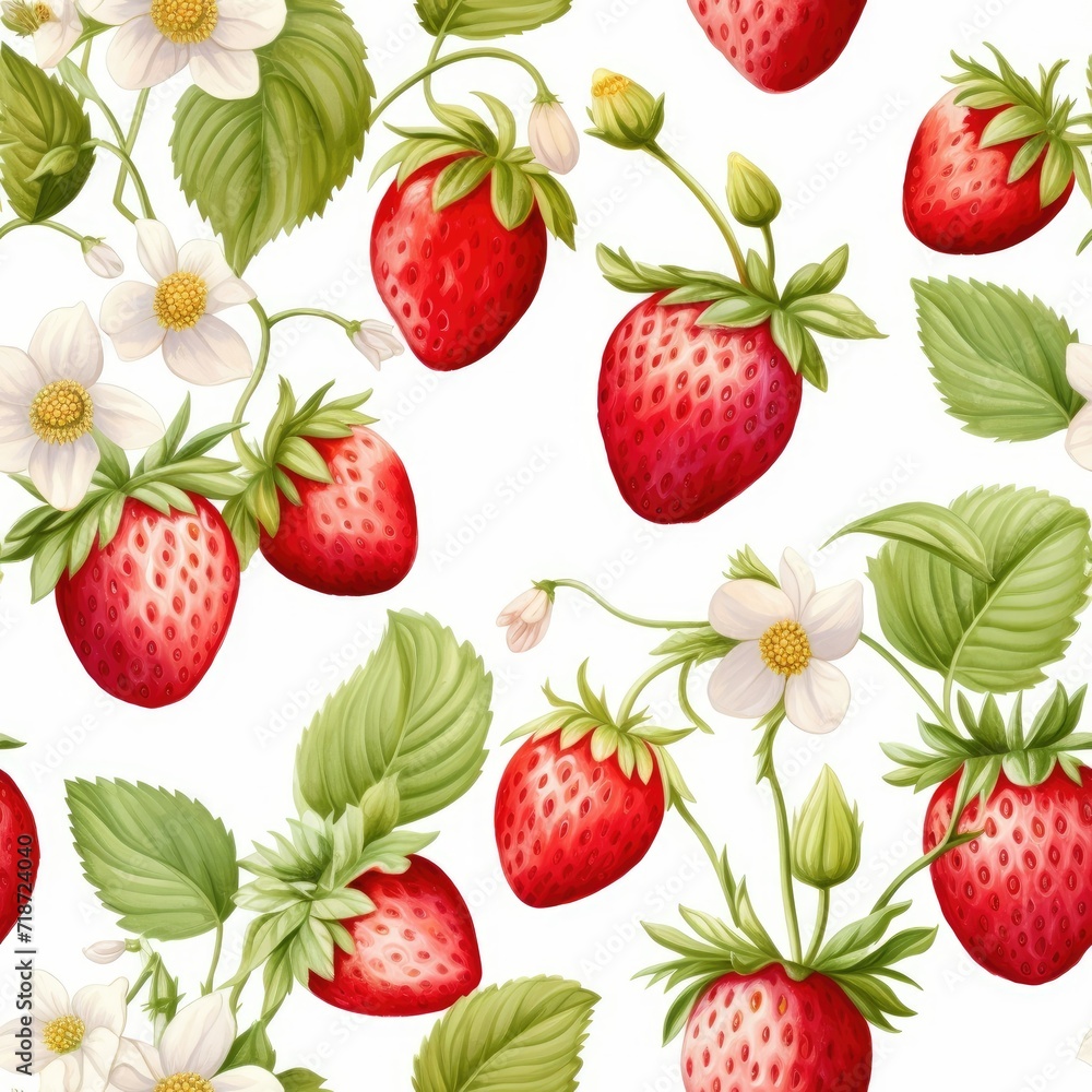 Seamless Pattern of Strawberries and Daisies on White Background Seamless Pattern of Strawberries and Daisies on White Background