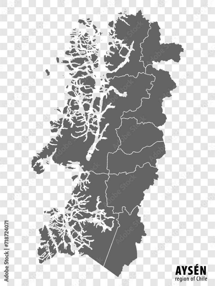 Blank map Aysen Region of Chile. High quality map Aysen with municipalities on transparent background for your web site design, logo, app, UI. Republic of Chile. EPS10. Blank map Aysen Region of Chile. High quality map Aysen with municipalities on transparent background for your web site design, logo, app, UI. Republic of Chile. EPS10.