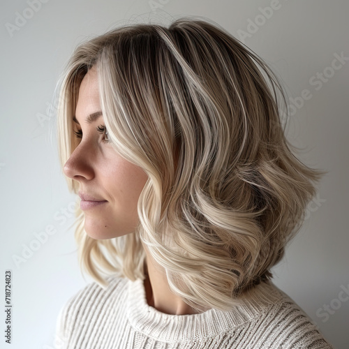 Rear view of short bob hair of girl with blonde ombre balayage haircolor  