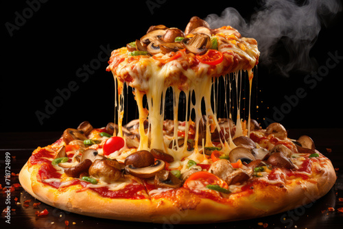 A freshly baked pizza with toppings like mushrooms, bell peppers, and pepperoni floating above the base, with molten cheese stretching between