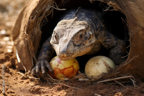 
Komodo dragon egg in a dugout nest within a dry savanna, with the mother Komodo dragon inspecting it closely photo