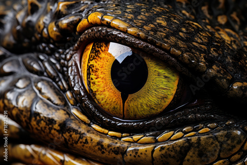  Macro photo of a crocodile's eye, focusing on the rugged texture and intense stare