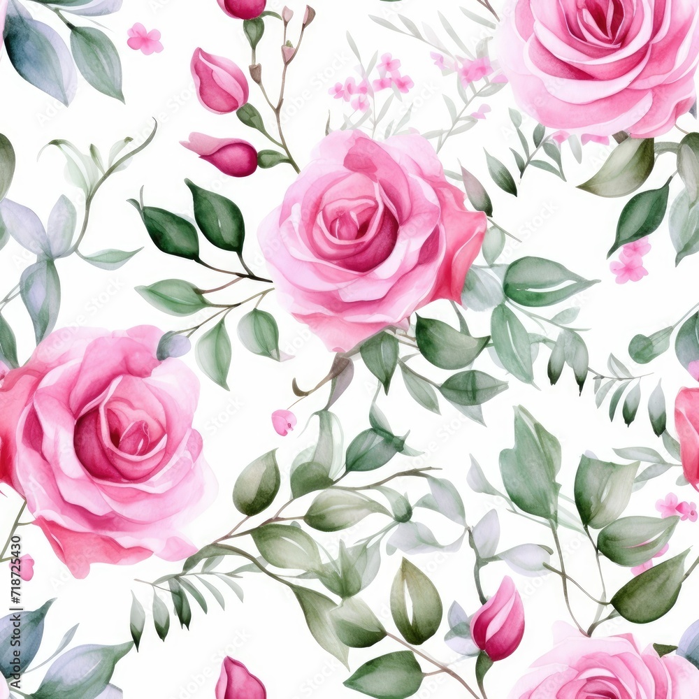 White Background With Pink Roses and Green Leaves Pattern