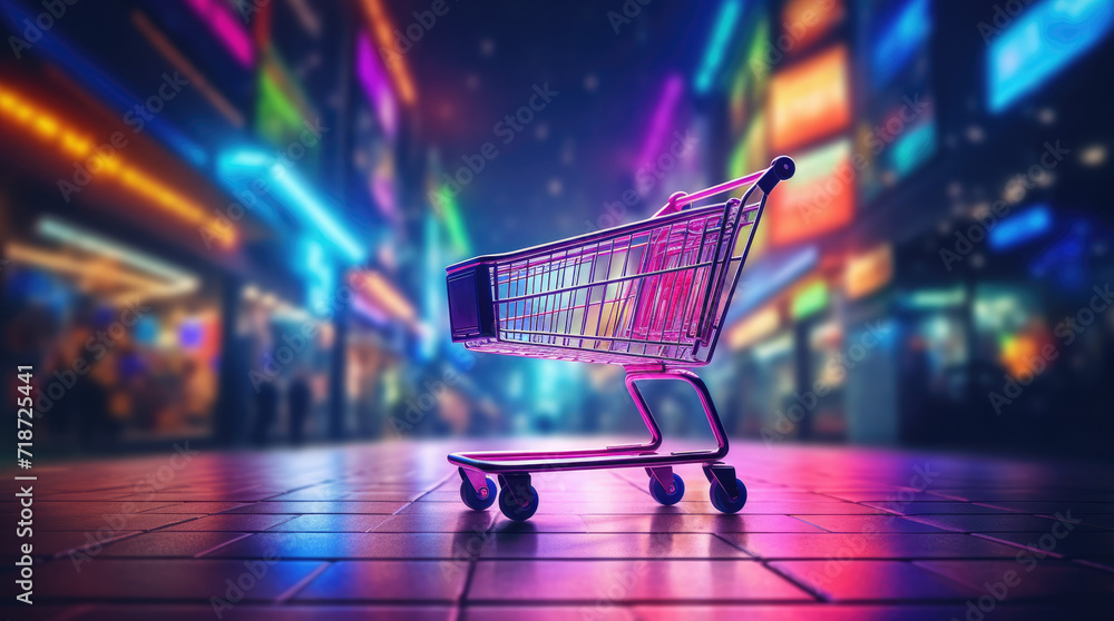 Shopping cart icon symbol with neon colorful and boxes, blurred neon storefront background. Digital shopping delight concept, Neon lit online store. E commerce revolution. Brighten cart with light.