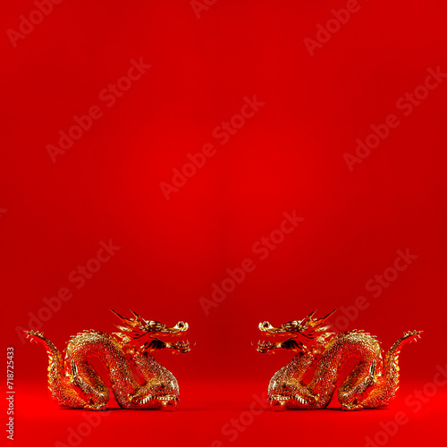 Year of the dragon Chinese new year 2024, Gold dragon on red background with copy space