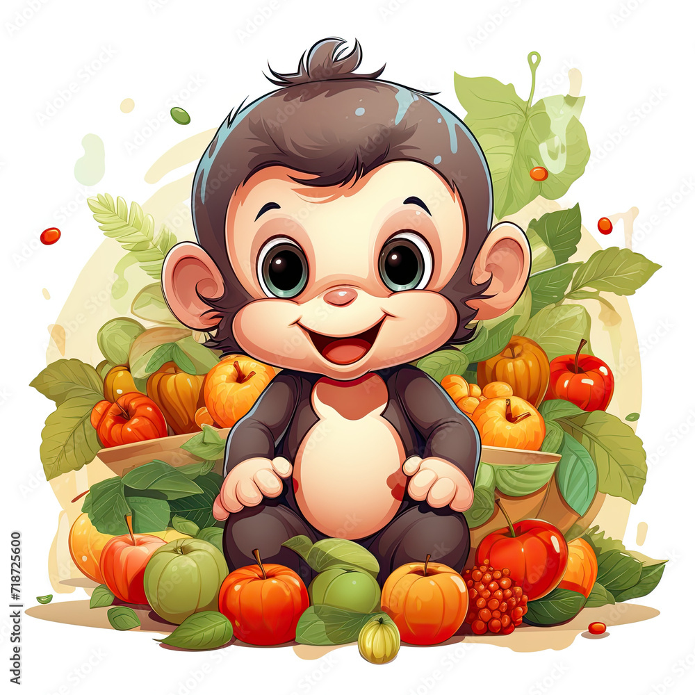 cute cartoon baby monkey with fruits , fruit background style, kids nursery learning, portrait, card 
