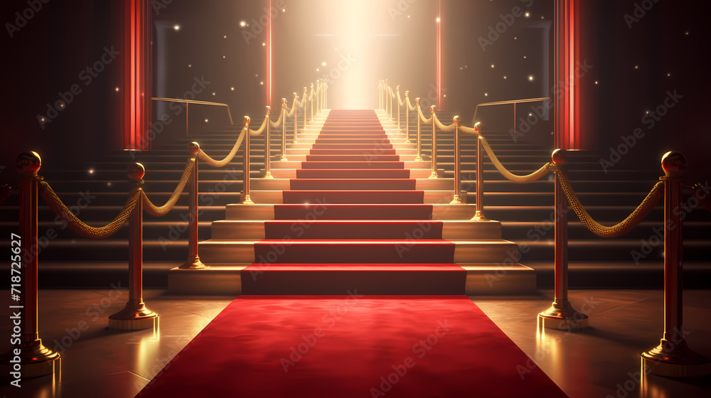 Red carpet on the stairs on dark background, the way to glory, victory and success Red carpet on the stairs on dark background, the way to glory, victory and success