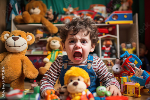 
Photo of a 3-year-old Brazilian boy having a tantrum in a daycare playroom, surrounded by toys