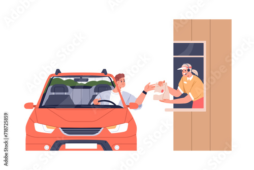 Drive thru through service. Customer taking take-away order in parcel from car. Worker in booth in fast food restaurant giving takeout meal. Flat vector illustration isolated on white background