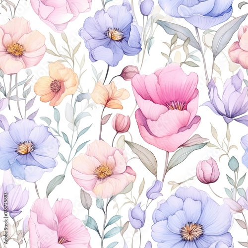 Seamless Pattern of a Colorful Bunch of Flowers on a White Background