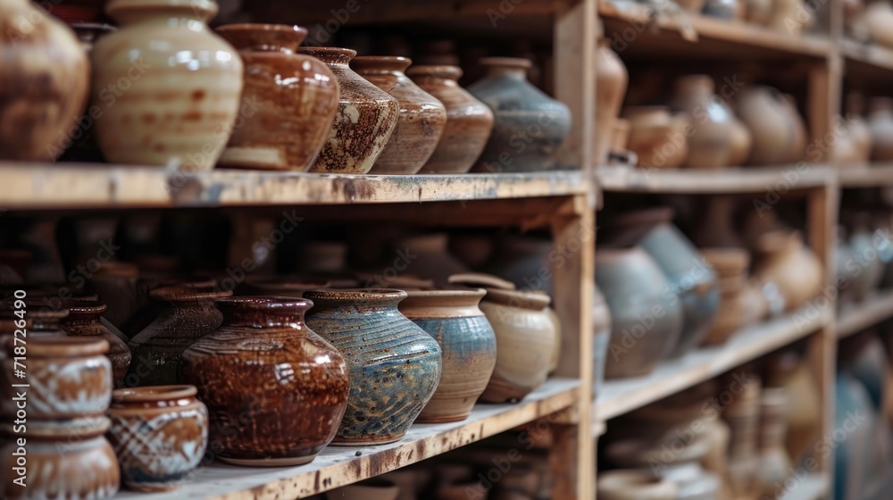Rows of pottery goods on shelves in a ceramic workshop studio