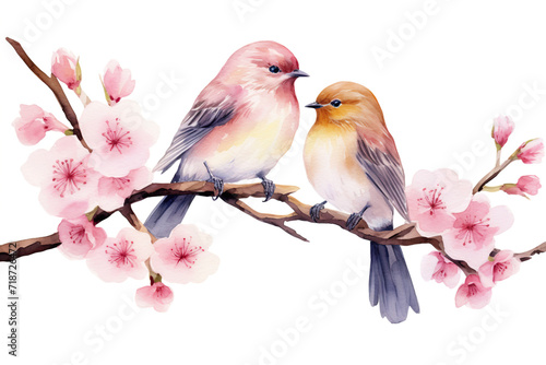 Spring branch with abstract birds, pink flowers, delicate watercolor print isolated on white background, romantic illustration for your design card, invitation, greeting card, wedding, birthday. © maxi