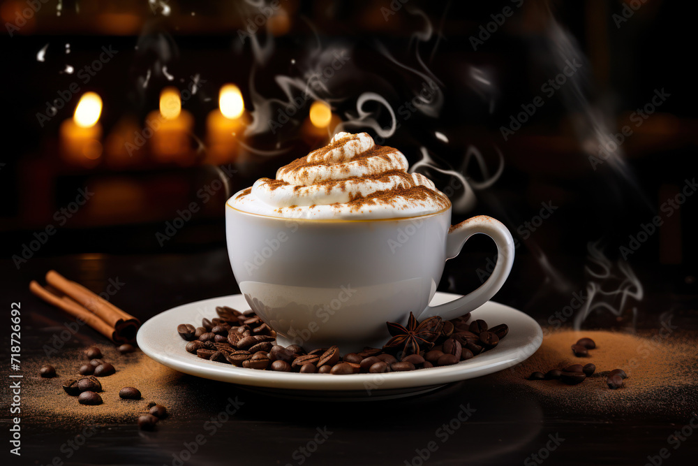 Photograph of a steaming hot cappuccino with the foam, sprinkles of cocoa, and coffee beans levitating, set against a café-style backdrop
Photograph of a steaming hot cappuccino with the foam, sprinkles of cocoa, and coffee beans levitating, set against a café-style backdrop