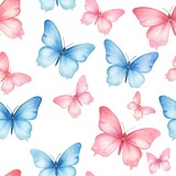 Group of Blue and Pink Butterflies on White Background