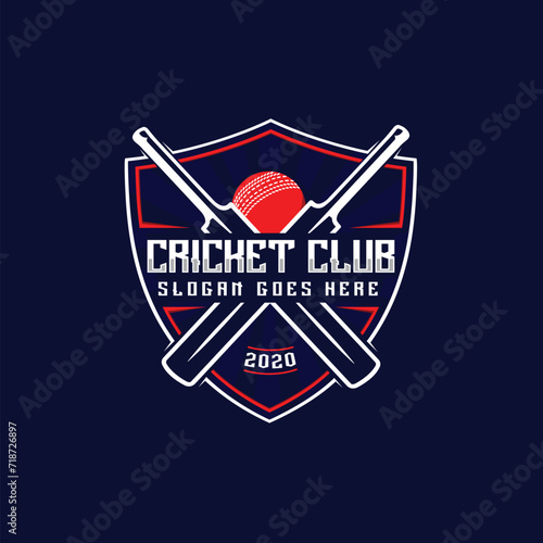 Cricket club logo design vector illustration. Badge emblem Cricket logo, cricket team, cricket club logo design with and ball vector on blue background