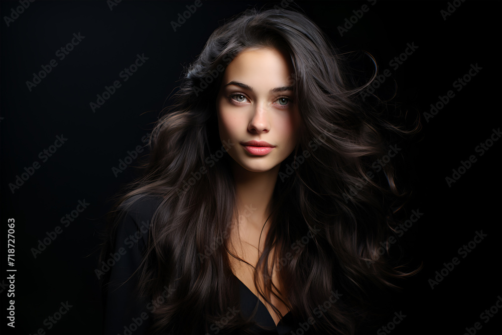 Vogue style close-up portrait of beautiful woman with long curly blond hair on black background