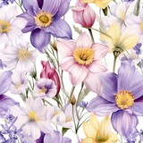 Assorted Colorful Flowers on White Background - Seamless Pattern