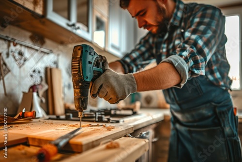 A man engaged in carpentry work  performing home renovation and woodwork using a drill gun in the kitchen  showcasing hands-on skills and dedication to improvement generative ai