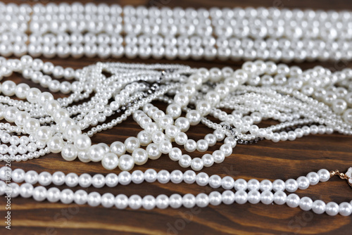 A large selection of natural pearl jewelry in the wedding salon, shop.