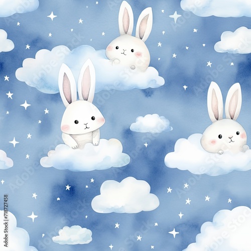 Rabbits Sitting on Clouds - Cute, Whimsical Image of a Pair of Bunnies Relaxing on Fluffy Clouds © Piotr