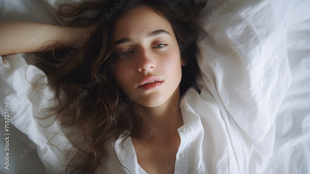 Close up shot of beautiful teenage woman wake up on the bed in morning, wear white pajamas.
Close up shot of beautiful teenage woman wake up on the bed in morning, wear white pajamas.