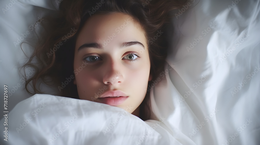 Close up shot of beautiful teenage woman wake up on the bed in morning, wear white pajamas.
