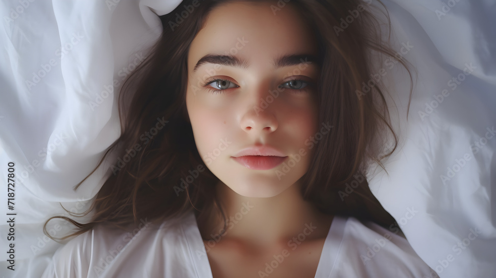 Close up shot of beautiful teenage woman wake up on the bed in morning, wear white pajamas.
Close up shot of beautiful teenage woman wake up on the bed in morning, wear white pajamas.
