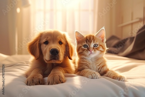 Golden Retriever puppy and a charming tabby kitten share a serene moment, lounging together on a sunlit bed. Their gazes exude warmth and companionship, capturing the essence of peaceful coexistence.